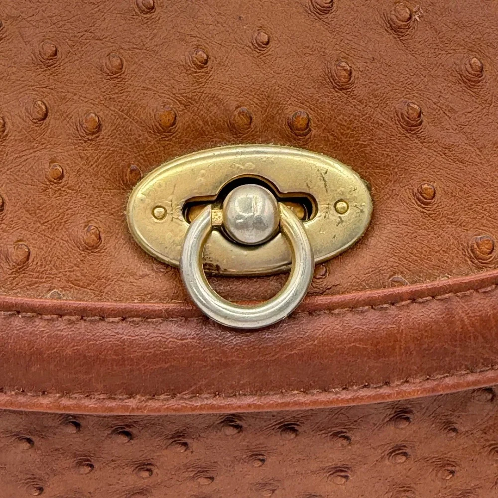 Vintage Carlo Calucci Ostrich Embossed Satchel Bag Brown Turn Lock Flap Brass